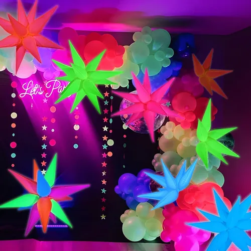 Vista 6 de Mega-L - Suministros de fiesta que brillan en la oscuridad, kit de 5 globos de estrella de neón - Explosión de lámina de neón y globos de cono de 12