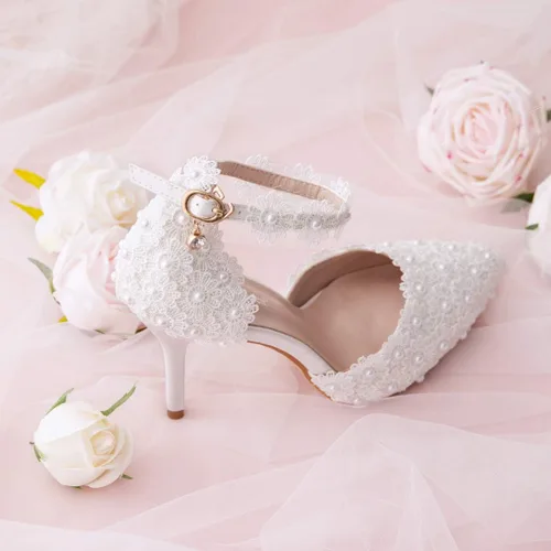 Vista 8 de Sandalias de tacón alto para mujer, con punta cerrada, con encaje floral, correa de perlas de aguja, zapatos de novia, boda, fiesta, 3.74 pulgadas