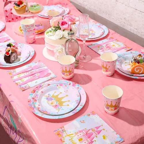 Vista 4 de Meanplan 168 piezas de decoración de fiesta de princesa, platos y servilletas de princesa, juego de vajilla desechable de castillo para niñas