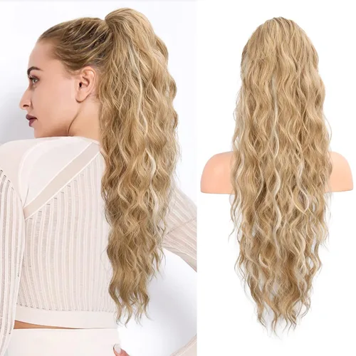 Vista 11 de FLUFYMOOZ Extensión de cola de caballo de 22 pulgadas, extensiones de cabello sintético ondulado largo y rizado para mujer