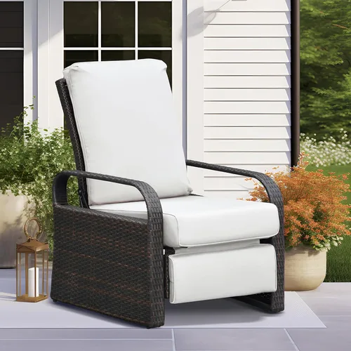 Vista 19 de Silla reclinable de aire libre para patio, resina de mimbre con cojines amortiguadores, auto ajustable, sofá de ratán, UV/Fade/Resistente al Mimbre
