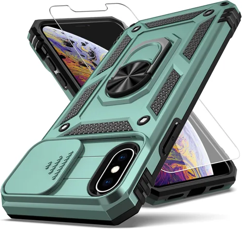 Vista 10 de Funda para iPhone X, iPhone Xs, cubierta de lente de cámara deslizante integrada+soporte de anillo de dedo+protector de pantalla, resistente a Negro