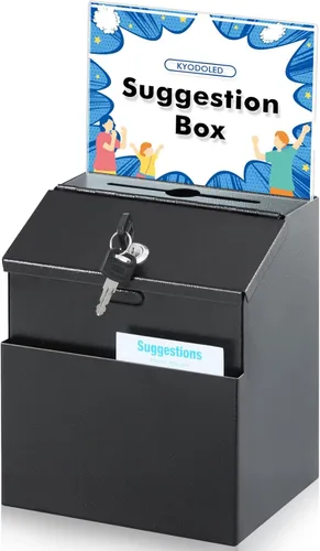 Vista 8 de KYODOLED Caja de sugerencias con candado y 50 tarjetas de sugerencia gratis, boleta de metal montada en la pared, caja de donación y colección