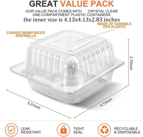 Vista 2 de 100 Piezas Recipientes de Plástico Transparente para Llevar, Recipiente Desechable Tipo Almeja para Postres con Tapa, para Ensaladas, Pasta