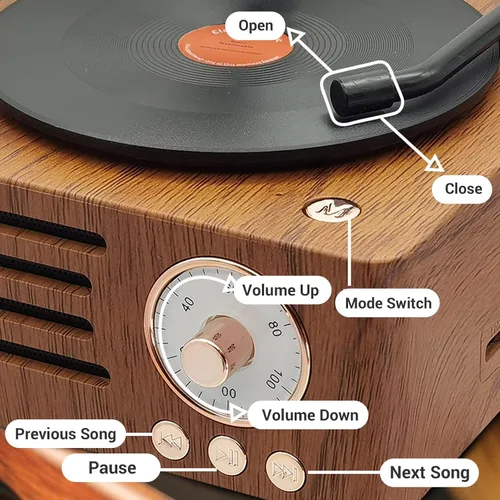 Vista 3 de Altavoz de tocadiscos vintage, tocadiscos portátil de grano de madera, altavoz Bluetooth con bocina de cobre, función de radio FM, diseño compacto