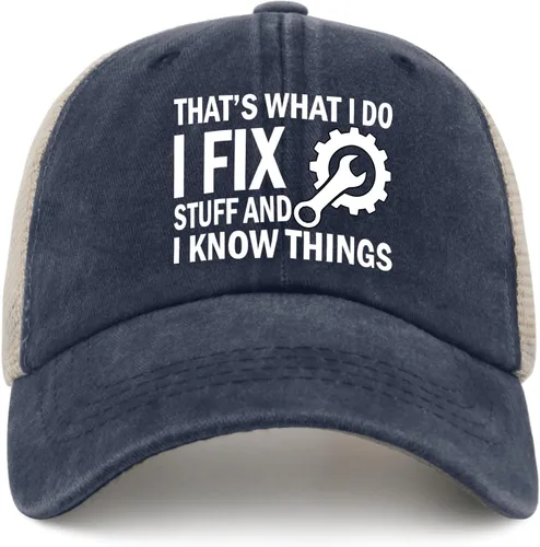 Vista 23 de Sombrero con texto en inglés "I Fix Stuff and I Know Things, para hombre, diseño de cosas geniales