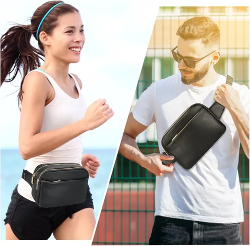 Vista 2 de Cangurera para hombres y mujeres, cangurera de cuero con estilo cruzado, bolsa pequeña de diseñador, Negro2, Riñonera de cuero para hombre y mujer
