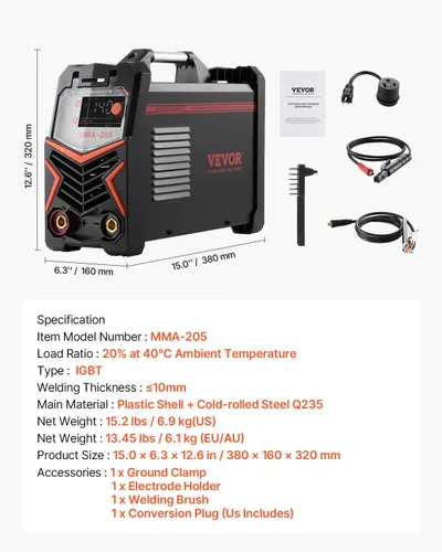 Vista 7 de VEVOR Soldador MMA, 205A 2 en 1 Soldador de varilla MMA Lift TIG, Soldador inversor IGBT de doble voltaje 110/220 V con pantalla digital, Fuerza
