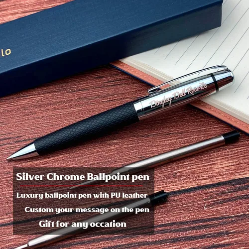 Vista 2 de Ancolo Bolígrafo cromado plateado grabado, impresionante bolígrafo de lujo con piel sintética, personaliza tu mensaje, nombre, juego de regalo