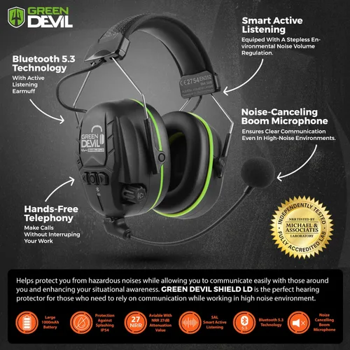 Vista 2 de GREEN DEVIL Auriculares Electrónicos Bluetooth de Protección Auditiva con Micrófonos de Brazo Articulado, Orejeras con Cancelación de Ruido de 27dB