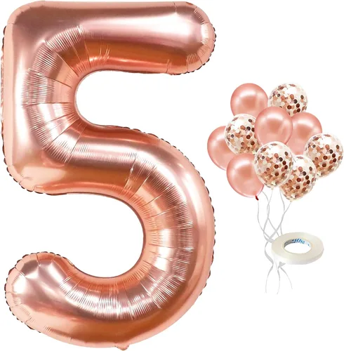 Vista 3 de Globo de oro rosa con el número 5 para cumpleaños con el globo de oro rosa del número 5 de 40 pulgadas, un globo para globos de primer cumpleaños