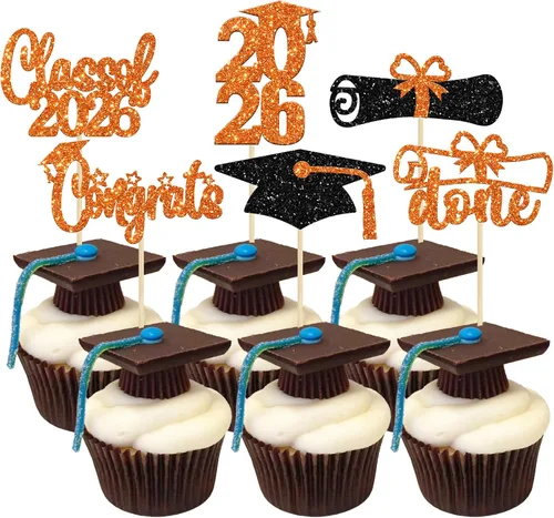 Vista 13 de Paquete de 24 adornos para cupcakes de clase 2026 con purpurina 2026 Felicidades Graduación Diploma Done Cupcake Picks 2026 Graduación Temática