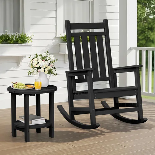 Vista 2 de SERWALL Mesa auxiliar redonda para exteriores, mesa auxiliar Adirondack pequeña de HDPE, mesa auxiliar de patio de 2 niveles para patio trasero