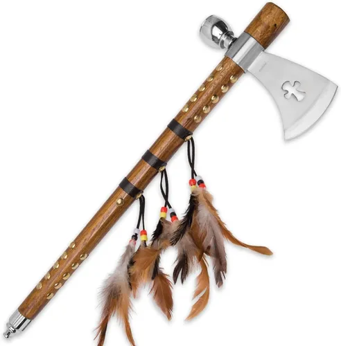 Vista 2 de Wuu Jau Co L-111 Native American Peace Pipe Tomahawk Hacha, 18", Plata