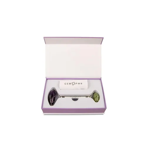 Vista 6 de Amatista + rodillo de jade para masaje facial y cuello, piedras preciosas dobles con mango de acero duradero y bolsa de viaje. Minimiza las arrugas