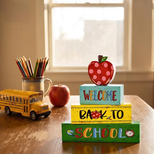 Vista 5 de Letreros de escritorio de madera con forma de manzana, lápiz, regreso a clases, decoración de mesa para aula y oficina en casa, regalo escolar