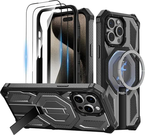 Vista 9 de Funda magnética para iPhone 15 con soporte y protector de pantalla [compatible con Magsafe] antideslizante, cuerpo completo, doble capa, resistente