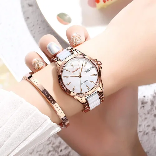 Vista 3 de OLEVS Relojes automáticos para mujer, reloj de cuerda automática para mujer, cerámica de acero inoxidable, relojes de pulsera mecánicos