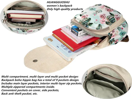 Vista 18 de HUANGGUOSHU Mochila de algodón tejida de algodón bohemio con bordado de lona estilo bohemio con múltiples bolsillos retro linda mochila cartera