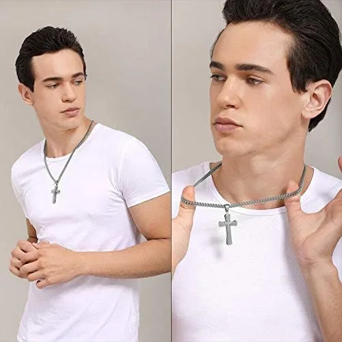 Vista 2 de WW Lifetime - Collar de cruz para hombres y niños, collar con colgante de cruz doble de acero inoxidable con cadena de eslabones cubanos de 24
