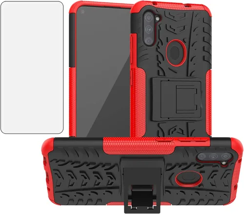 Vista 8 de Funda para teléfono Samsung Galaxy A11 con protector de pantalla de vidrio templado y soporte, resistente, accesorios de protección híbrida rígida