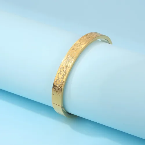 Vista 7 de Pulsera de acero inoxidable para mujer con flor de la vida grabada en oro, Acero inoxidable, No es una piedra preciosa