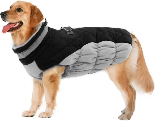 Vista 17 de Lelepet Abrigo cálido para perro, abrigo de invierno para perro, chaqueta impermeable para perros con arnés integrado reflectante de forro polar