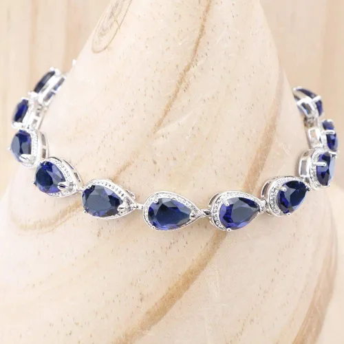 Vista 6 de conjunto de joyas de forma de gota de agua conjunto de collar de pulsera de cristal azul real pendientes para mujeres
