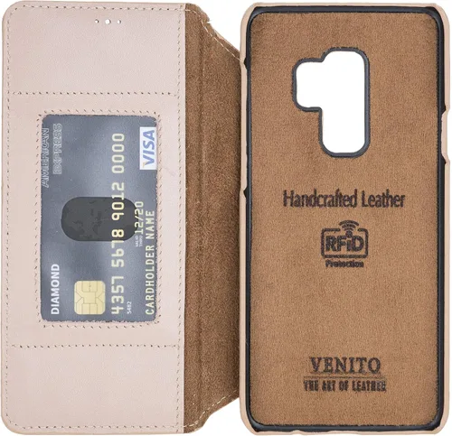 Vista 6 de Venito Venice - Funda delgada compatible con Galaxy S9 con soporte, cartera, cierre automático y función de bloqueo RFID (rosa nude)