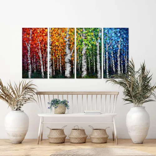 Vista 3 de iKNOW FOTO 4 piezas de lienzo grande de 4 estaciones, arte de pared de abedul con ramas modernas, pintura al óleo, hojas de otoño, paisaje