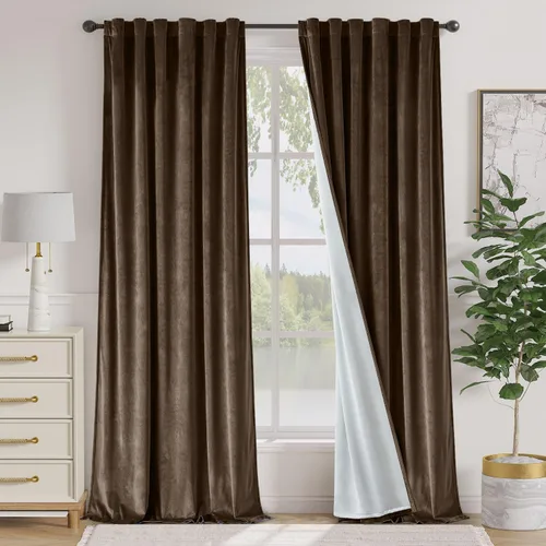Vista 138 de Lazzzy Cortinas opacas de terciopelo beige de 84 pulgadas de largo con aislamiento térmico para oscurecer la habitación, cortinas forradas de lujo