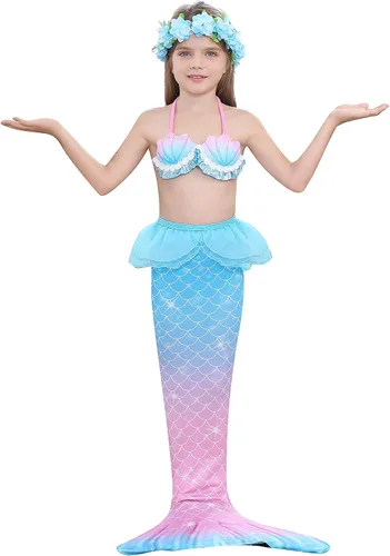Vista 4 de Traje de baño con cola de sirena para niñas, traje de baño de princesa, traje de baño para nadar