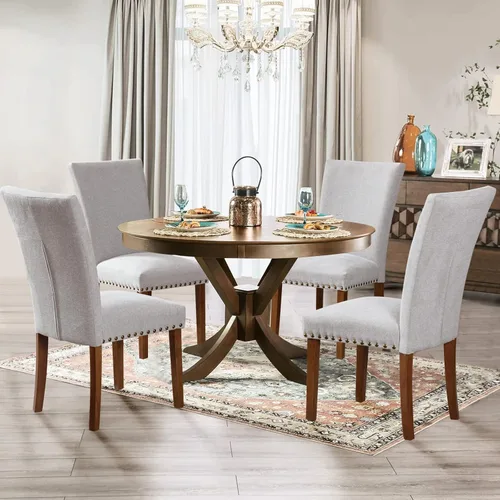 Vista 31 de Juego de 2 sillas tapizadas de tela para comedor, sillas de cocina estilo Parsons con ribete de cabeza de clavo y patas de madera - Beige