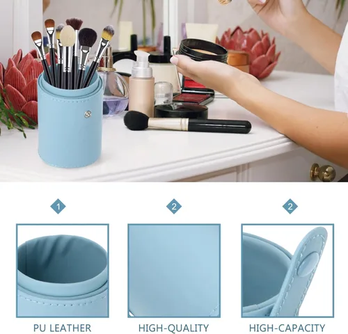Vista 3 de FOMIYES Soporte para brochas de maquillaje con tapa, estuche de viaje para brochas de viaje, bolsa de piel sintética, organizador de cosméticos