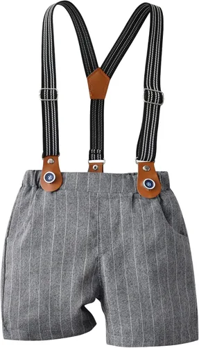 Vista 4 de Conjunto de traje de caballero de manga corta para bebé niño con corbatín + pantalones cortos con tirantes y pantalones cortos para bautizo festivo