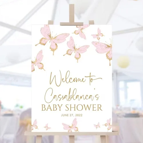 Vista 2 de Letrero personalizado para baby shower, letrero de bienvenida para baby shower, tema de niña y niño, letrero de bienvenida de mariposa rosa