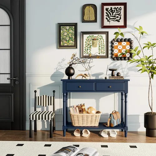 Vista 11 de SFZ-004BK - Mesa de entrada de madera maciza con 2 cajones, mesa de sofá decorativa con estante de almacenamiento, mesa de entrada estrecha