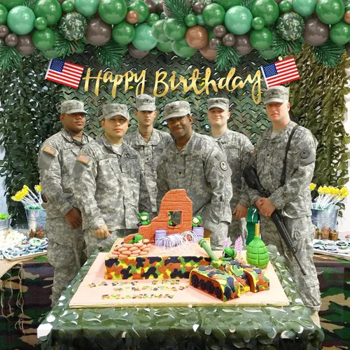 Vista 7 de Decoraciones de fiesta de cumpleaños del ejército 133, suministros de fiesta de camuflaje militar, kit de guirnalda de arco de globos, telón