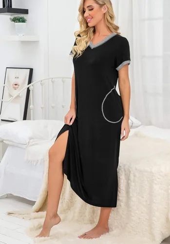 Vista 4 de PrinStory Camisón de manga corta para mujer, con cuello en V, suave, ropa de dormir informal con bolsillos