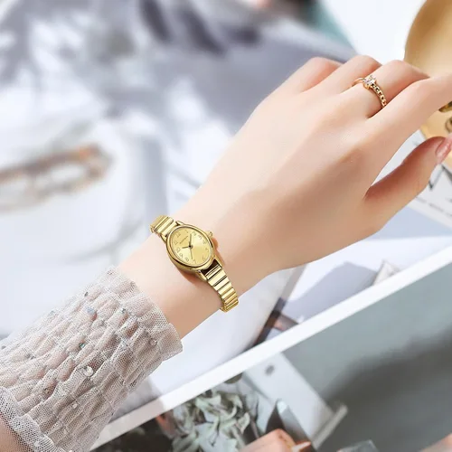 Vista 5 de BOFAN Relojes pequeños de oro para mujer, relojes de pulsera de cuarzo de fácil lectura con banda de expansión de acero inoxidable, resistente al