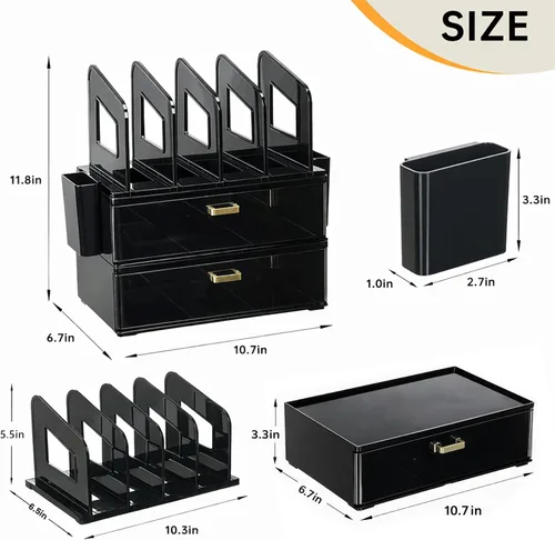 Vista 2 de CiWiVOKi Organizador de escritorio y accesorios, organizador de archivos de escritorio de 2 niveles con cajón acrílico y 2 soportes para bolígrafos