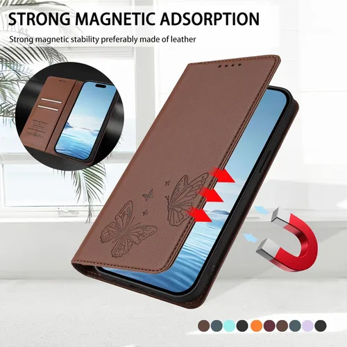 Vista 8 de Butterfly Embossed Leather Wallet Flip Case for Motorola Moto E22i 4G, Magnetic Closure, RFID Blocking Cover, Card Holder Brown.
