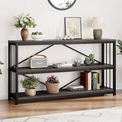 Vista 13 de LVB Mesa consola negra, mesa de entrada moderna para pasillo y sala de estar, mesa de sofá industrial detrás del sofá, mesa de entrada de madera