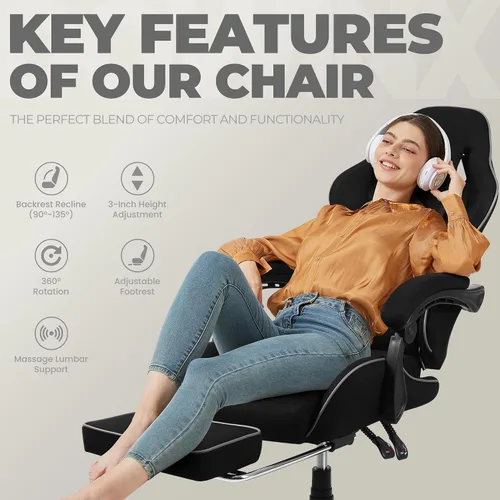Vista 7 de Dowinx Silla de juegos de tela con cojín de resorte de bolsillo, silla de juegos de masaje con reposacabezas, silla ergonómica para computadora