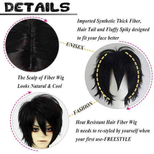 Vista 4 de Pelucas de pelo sintético lacio, corto y esponjoso. Para fiestas de cosplay, anime peluca con pelo despeinado y puntiagudo, para hombre y mujer