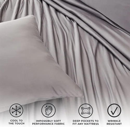 Vista 2 de Juego de sábanas tamaño matrimonial de lujo con 2 fundas de almohada, tela ultrasuave, refrescante y transpirable, sábanas grises, juego de 4 piezas