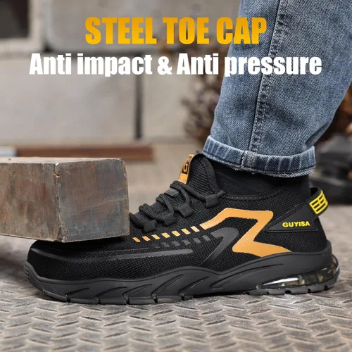 Vista 2 de GLANOUDUN Zapatos con punta de acero para hombre, zapatos de trabajo para hombres, zapatos de seguridad ligeros y cómodos, puntera de acero, zapatos