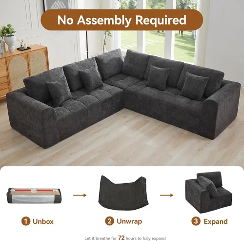 Vista 35 de Sofás seccionales modulares de 110 pulgadas para sala de estar, sofá seccional comprimido sin hueso, sofá de espuma viscoelástica tapizado de 3 Beige