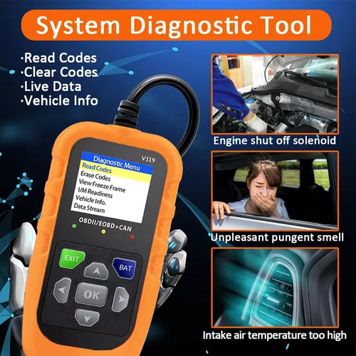 Vista 7 de Lector de código de escáner V119 OBD2, herramienta de diagnóstico de luz de motor de verificación, probador de voltaje de automóvil para vehículos