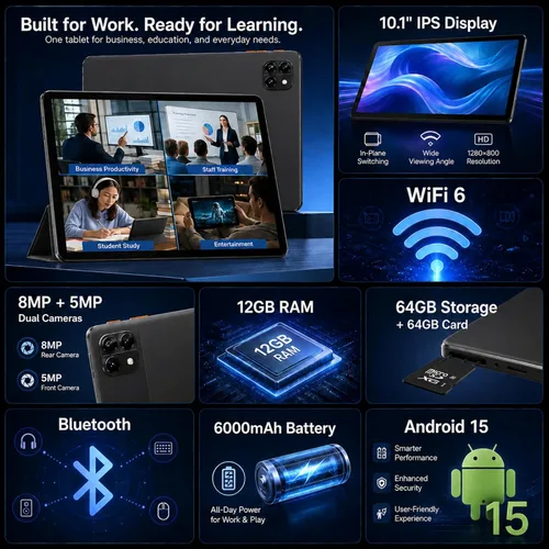 Vista 8 de Tablet Android 15 de 10.1 pulgadas, Octa-core 12 GB de RAM + 64 GB + Negro